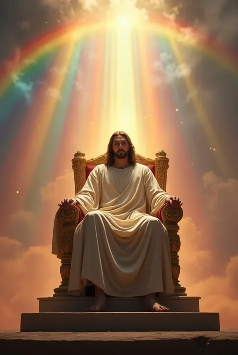 Jesus sitting on a high throne and a rainbow above him hyper realistic 4k 