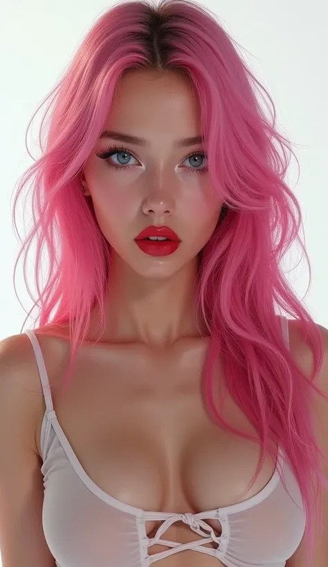 Woman with long pink hair、Big Breasts、blue eyes, full lips, red lipstick, White Drenched Tee 、Nipples protruding、Slightly slanted eyes、Looking at the camera、A little surprised face、