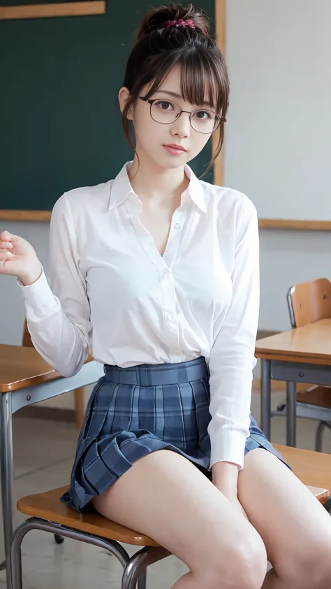 barefoot、sit barefoot on a chair、 ponytail、 in the classroom、 gradient color hair 、tying up hair、 multicolor hair、 short hair、gl...