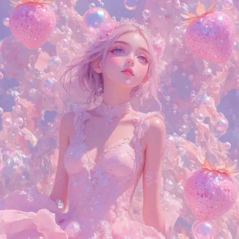 1girl, solo, color style15 texture influence image,glittering effects,soft color,beautiful gradation,background is color style15 that is  Vibrant and juicy strawberries floating in a sea of pink bubbles. 