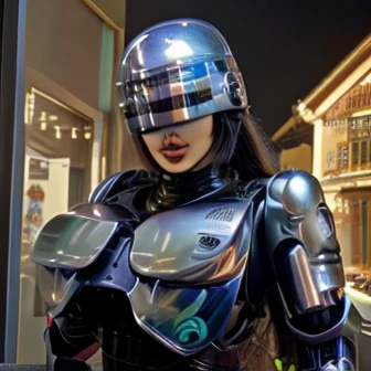 
( Best Quality ), (Overall view), Female Robocop,  Hua Gai with a cool and charming face ,RoboCop Armor  , Robocop helmet ,  beautiful and sexy young woman , 18 years old,  toned and muscular  , With a cool and handsome face  , SharpEye, Big Breasts