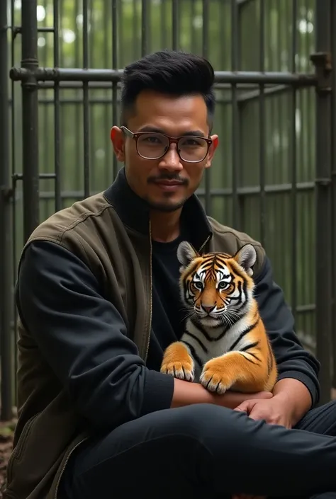  A handsome Indonesian man 30 years old , wears glasses ,black shirt,jaket varsity,black pants, the man is sitting hugging a tiger cub,behind the man is a tiger cage 