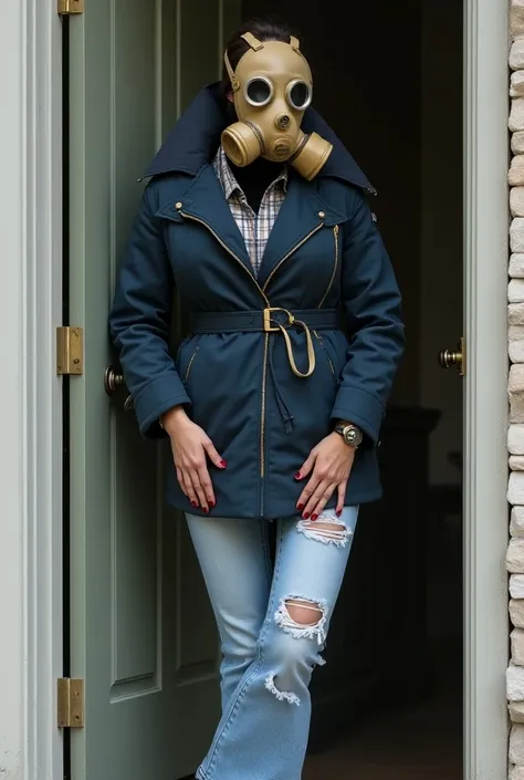 Side view of Head, hair, ears and face completely hidden by beige gas mask with 2 dark lenses, gas mask attached to air tank behing her by flexible breathing tube (hose), faceless and hairless, hair covered by the mask and black balaclava under gas mask, p...