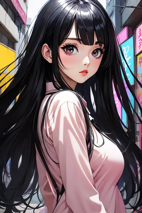 asian high school girl with long straight black hair and a fringe in the middle of the forehead, with big eyes and huge eyelashe...