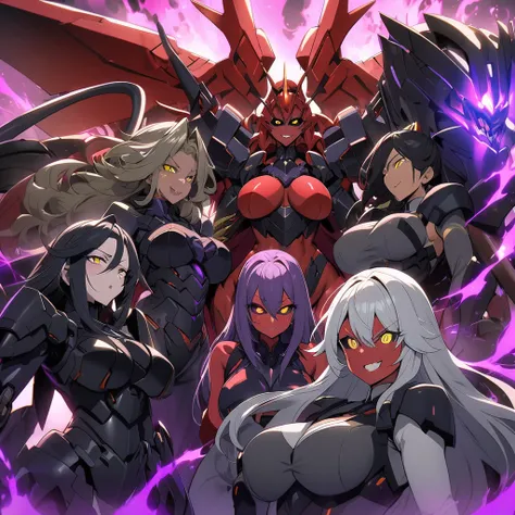 Anime, high detailed, multiple womans, mature womans, dark Ebony mecha armor, large mechanical wings, evil grin, large clawed Gauntlet, red skin, curvy body, long mechanical tail,black sclera、Colored sclera、crimson Colored skin、Yellow Eyes, elongated pupil...