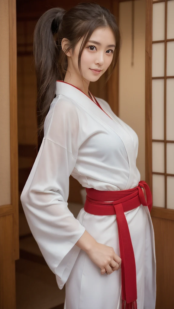 (8k, Photo quality), ( Beautiful Japanese Women, ), (  white kimono, Red belt), ( model body type , Long legs), (Right arm forward , Put your left foot forward  ), (  dark brown long hair  ,  ponytail), Deep blue eyes, Perfectly sculpted face,  gentle smil...