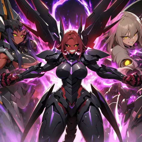 Anime, high detailed, multiple womans, mature womans, dark Ebony mecha armor, large mechanical wings, evil grin, large clawed Gauntlet, red skin, curvy body, long mechanical tail,black sclera、Colored sclera、crimson Colored skin、Yellow Eyes, elongated pupil...