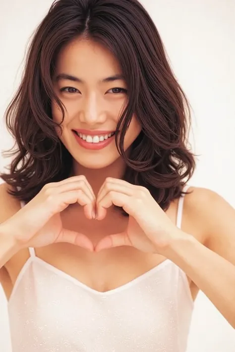 She is in a pose wearing a sexy camisole, making a firm big heart shape with both hands, and holding it in front of her chest, Cute smile up

