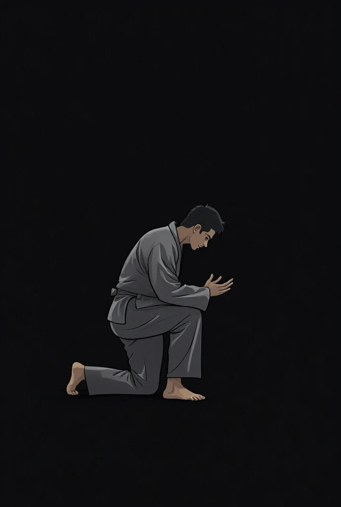 Black background. Simple linear drawing of judoka doing oriental salute bending forward on knees. Hands on knees.