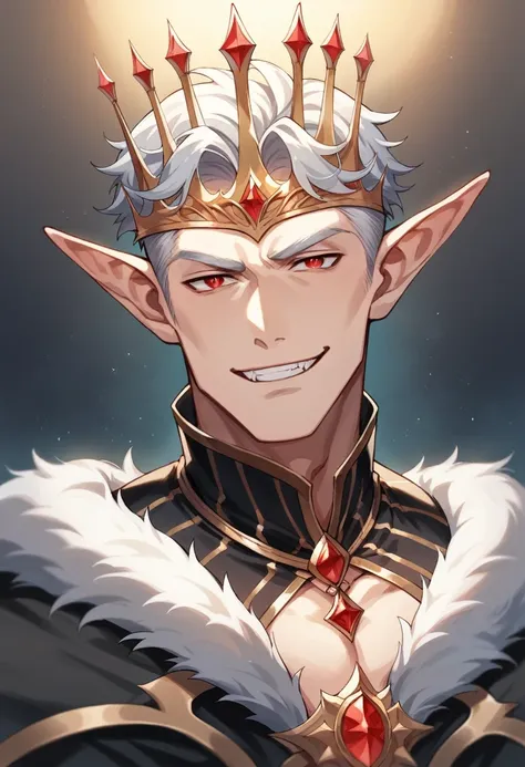 masterpiece, high quality, best aesthetics, romantic lighting, fantasy setting, handsome elf male in his 40's, smirk, red eyes, ...