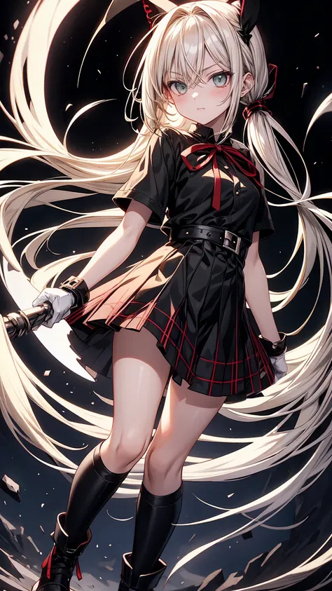 the character Maka-Albarn, (Maka-Albarn), Blonde girl with straight hair, two ponytails on the sides, mostly black open from the waist down, red plaid mini skirt with black stripes, holding a great gray handle scythe and red and black blade, faded green ey...