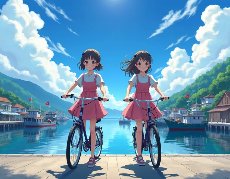 (photo realistic), (masterpiece), best quality, CG, wallpaper, high quality, extremely detailed, 
(Intricate details), (Subtle details), (Intricate details), 

((Twin sisters riding bicycles:1.35)),
((2 young and beautiful girl:1.2)),
waiting for their fat...