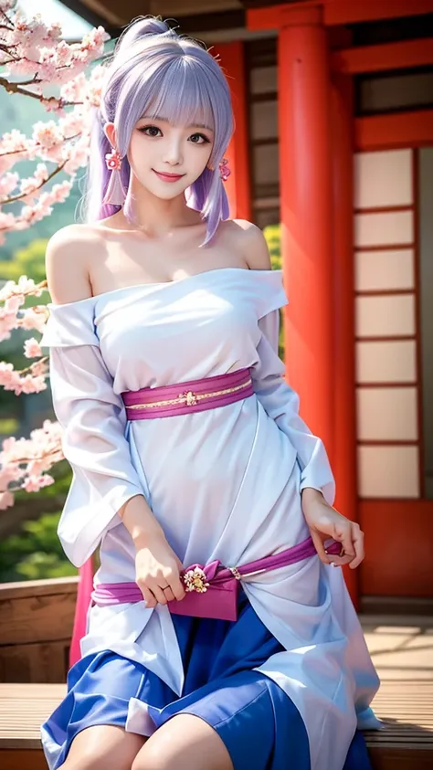 1 Girl, (ulzzang-6500:0.7), Korean Idol,{{yae miko, large breasts, There are many things that emphasize split sleeves , Bare shoulders, Long hair, Open clothes,  best quality , (Hair accessories:1.35), Jewelry, Purple Eyes , earrings, Torii, Cherry blossom...