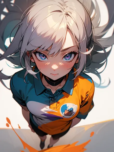 girl, in a polo shirt ,  at full height, cute picture on the anime shirt, feмужской with gray hair,   looks at the viewer,  digi...