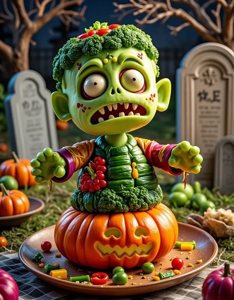 all kinds of vegetables are cleverly assembled into a cute chinese qing dynasty zombie