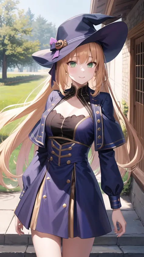 masterpiece, best quality, highres, bbcaster, long hair, green eyes, blue halloween Dress, standing, cowboy shot, outdoors