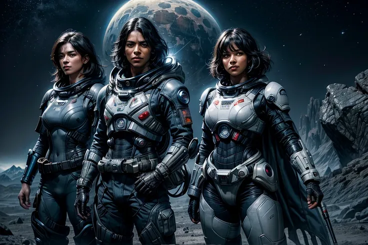 MariaCalavera, dark skin, black hair, short hair, silver eyes, smile, space suit, belts, hood, cowboy shot, (dynamic pose), standing with colleagues on alien planet, valley, jagged mountain range in the distance, lunar type surface, distant space-station i...