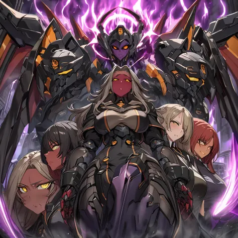 Anime, high detailed, multiple womans, mature womans, dark Ebony mecha armor, large mechanical wings, evil grin, large clawed Gauntlet, red skin, curvy body, long mechanical tail,black sclera、Colored sclera、crimson Colored skin、Yellow Eyes, elongated pupil...