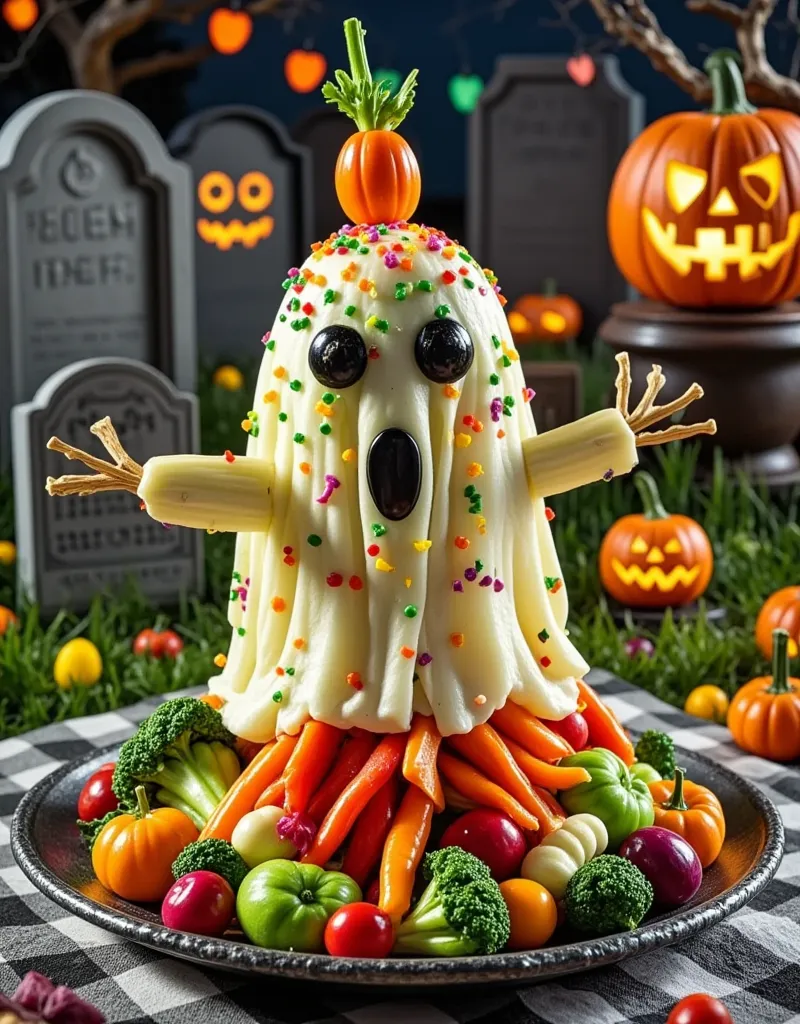 all kinds of vegetables are cleverly assembled into a cute ghost and sprinkled with candy