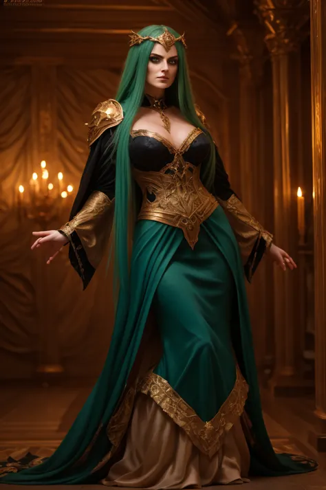 a woman with long green hair, intense blue eyes, large breasts, wearing a gothic dress with gold and black skull patterns, the s...