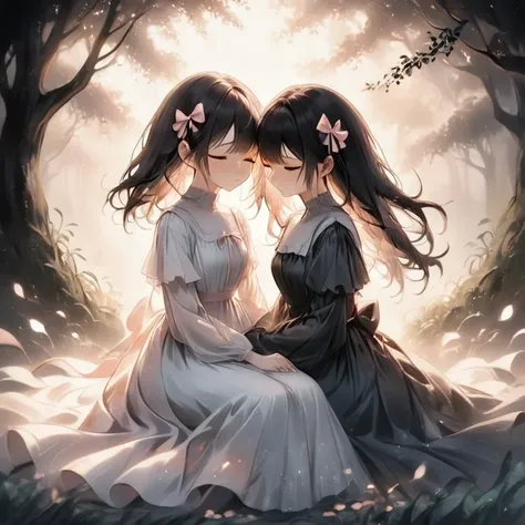 illustration, pastel,best quality, 2girls, somber expressions, one girl with short dark hair wearing a dress with a large bow, t...