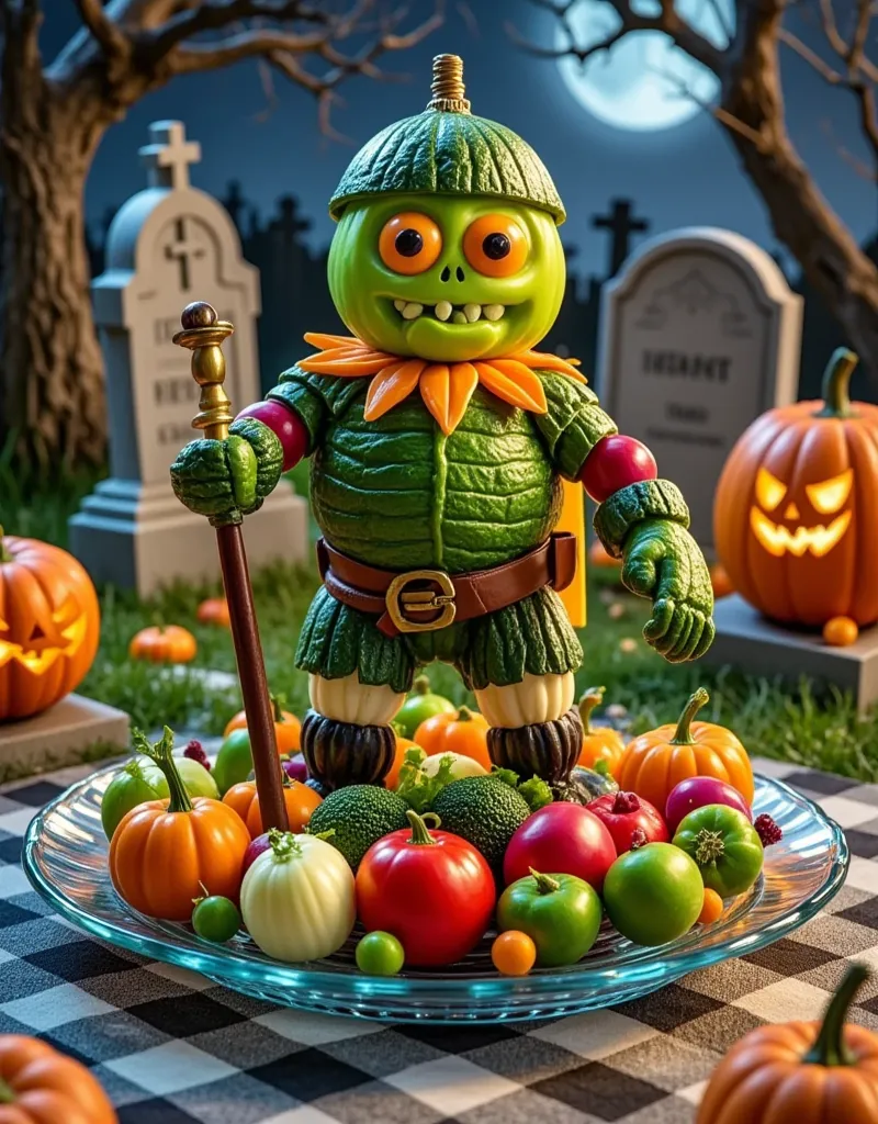 on halloween night, all kinds of vegetables are cleverly assembled into a cute knight, realistic photography, halloween food car...