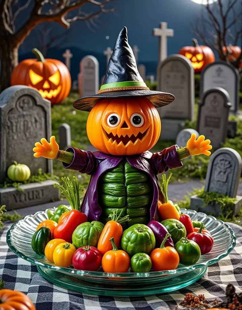 halloween night, (all kinds of vegetables are cleverly combined into a cute witch making potion), (realistic photography), gourm...