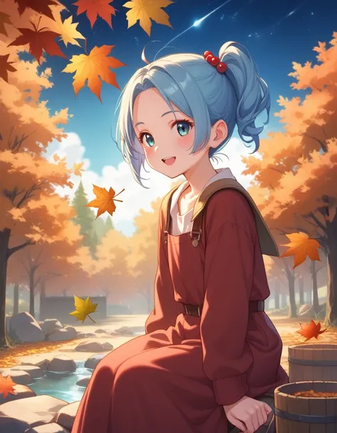 light blue long hair、beautiful girl with twin tails、cute denim coveralls 、autumn leaves campsite 、 with little characters 、i'm m...