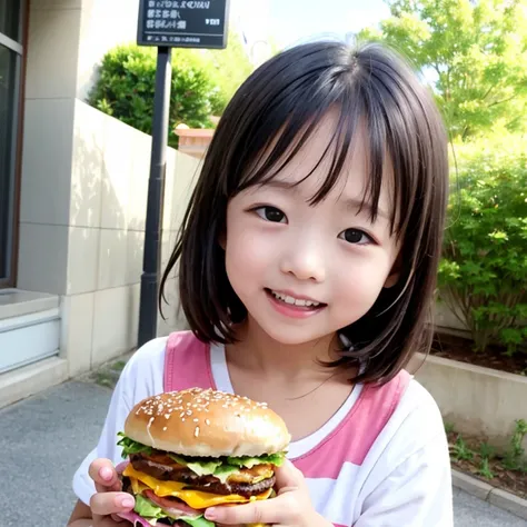 、 beautiful girl 、happy smile、 beautiful background , 1 girl、burger、  Laugh with your mouth open  