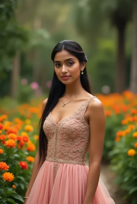 An 18 year old Indian cute sexy girl is wearing a beautiful dress, looking very hot, her hair is tied, standing in a beautiful garden, 4K ultra HD image