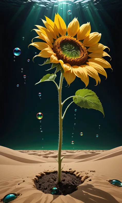  people are missing、masterpiece,  A single wilted sunflower  ,   is blooming in the desert dead  、Light Brown、 Eye in the center   、  Photo of  、   leaf color is dark green  , It doesn&#39;t look good , Dark Background、deep sea, high quality,    high resol...