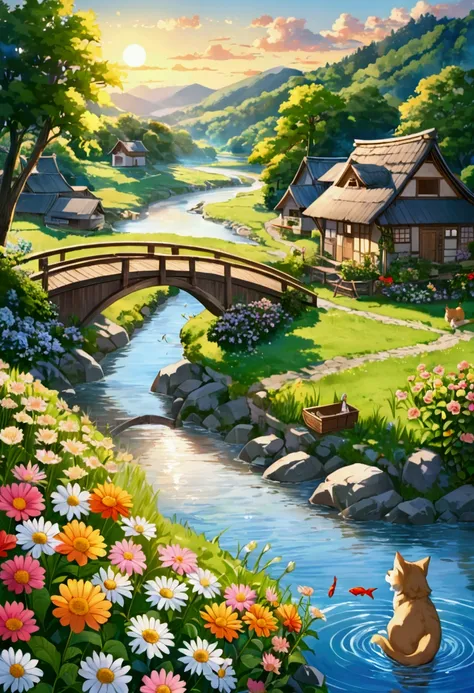 male, Head of the Wolf,   Golden Eyes , Fishermales clothes, fish, Fish tub ,  bridge , river,  魚がriverで泳いでいます , sun, morning,  Flower Field,  Beautiful flowers ,   kittens eat fish  ,  Far away, village , Far away there is a forest ,  riverの隣には家があります 