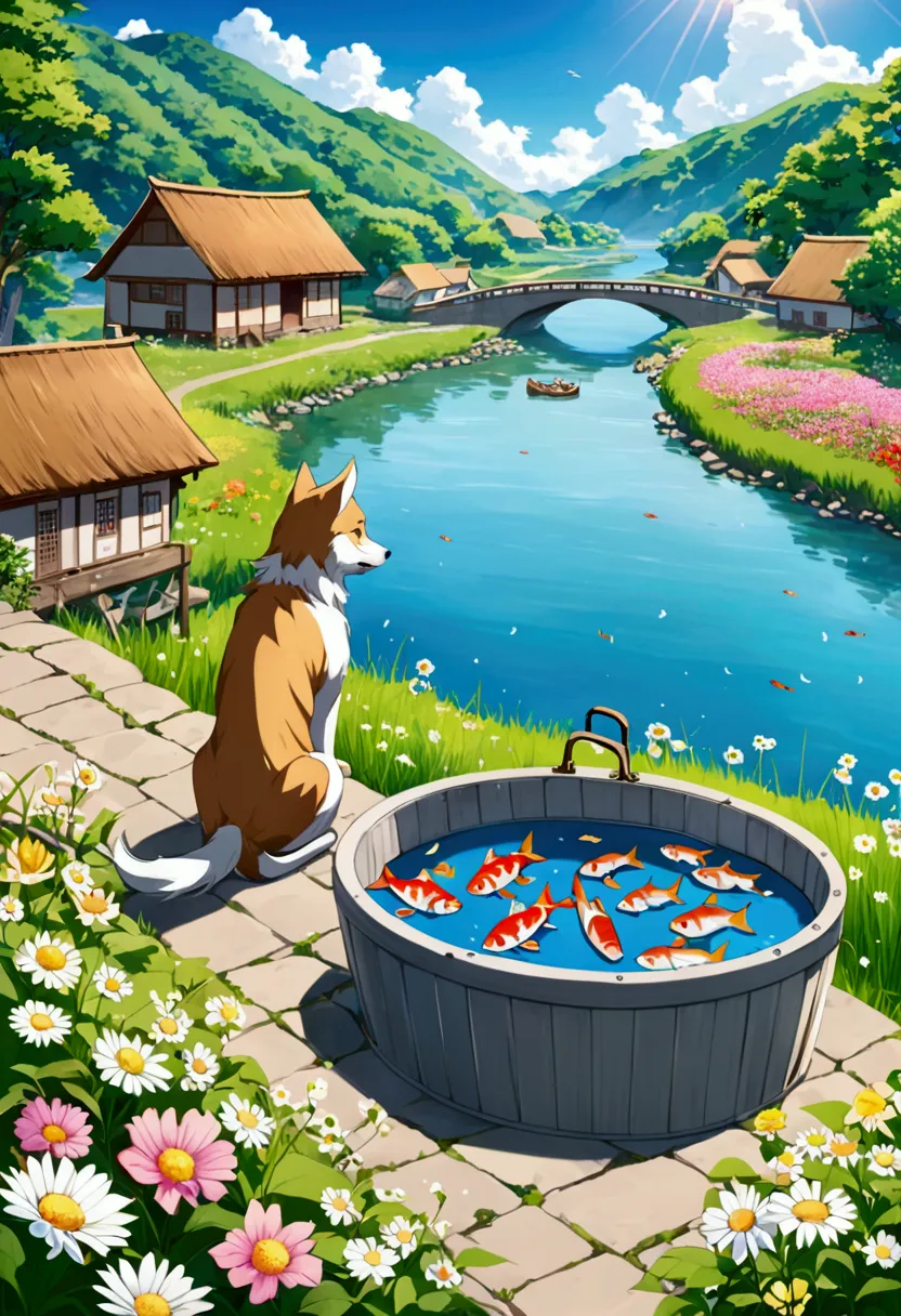 male, Head of the Wolf,   Golden Eyes , Fishermale's clothes, fish, Fish tub ,  bridge , river,  魚がriverで泳いでいます , sun, morning,  Flower Field,  Beautiful flowers ,   kittens eat fish  ,  Far away, village , Far away there is a forest ,  riverのそばには寂しい家があります