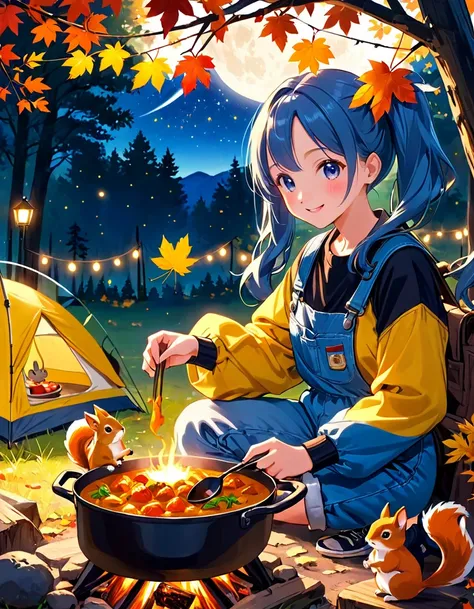 light blue long hair、pretty girl with twin tails and chibi characters、cute denim coveralls 、autumn leaves campsite 、 with little...