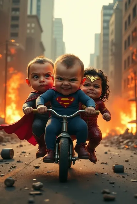 Create a version of Justice League: angry babies riding a tricycle in the burning city center 