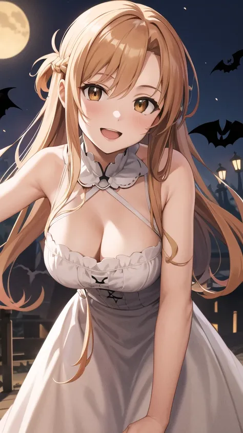 masterpiece, best quality, highres, aaasuna, long hair, brown hair, braid, brown eyes, halloween Dress, smile, leaning forward, open mouth, 