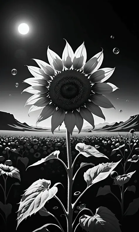 monochrome painting、people are missing、masterpiece,  a single wilted sunflower  ,   is blooming in the desert dead  、eye in the ...