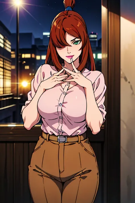 (Transparent shirt ), (brown short pants), office room background, night time, mei terumi, oda non style, anime cels style, smiling, long hair, brown hair, (ponytail hair), green eyes, ((hair over one eye)), (pink lipstick), best quality, high resolution, ...