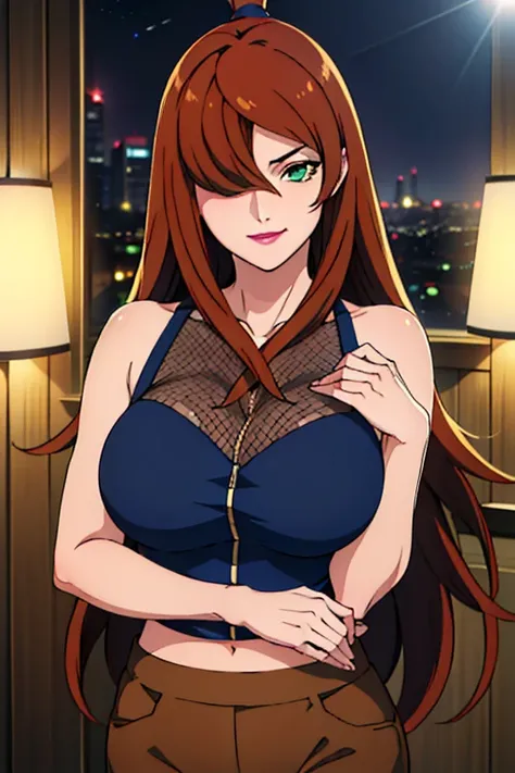 (Transparent shirt ), (brown short pants), office room background, night time, mei terumi, oda non style, anime cels style, smiling, long hair, brown hair, (ponytail hair), green eyes, ((hair over one eye)), (pink lipstick), best quality, high resolution, ...