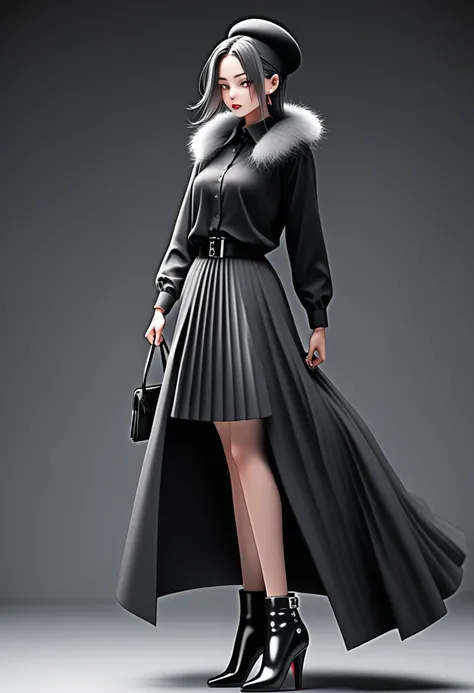 1 lady,modern outfit, (long gray skirt), (black long-sleeve shirt),(long back hem:1.1), sleeve with fur pom-pom ,a classic black beret and clutch, edgy black ankle boots with silver buckles, Her hair flows loosely, standing,full body shot,