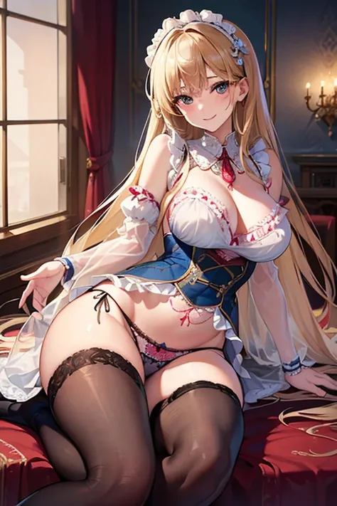 8k、 Best Quality 、  Maximum Clarity  、   very detailed 、Beautiful art、   very detailed、  biologically correct body  、  gentle smile、Maternal、Erotic face、See-through skin 、Large Breasts、(((  Lace Panties with Luxurious Ruffles and Delicate Embroideries)))、p...