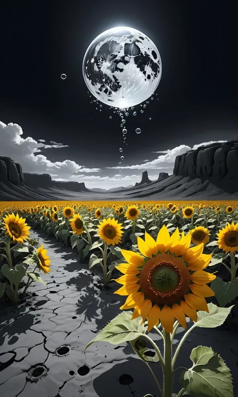 monochrome painting、people are missing、masterpiece,  a single wilted sunflower  ,   is blooming in the desert dead  、eye in the ...