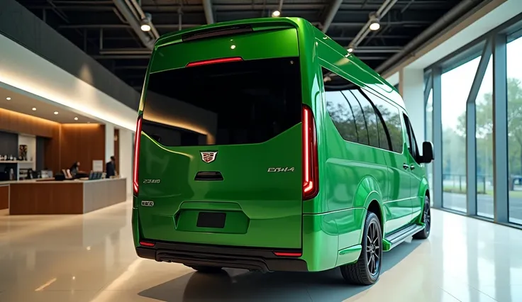 a photorealistic 2025 Cadillac Motorhome in a showroom, high-quality detailed view from the back, green color, 4k, realistic showroom interior, luxury interior design, premium materials, sleek exterior, dynamic angles, perfect lighting, cinematic compositi...