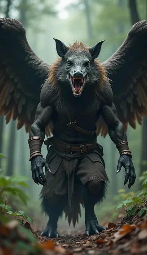 Ultra-realistic image of a creepy monster with a full body with a very strong human body the body has the combination of vultures and wild boars, including the boars teeth and wearing warrior clothes and vulture wings, blurred background of a forest 