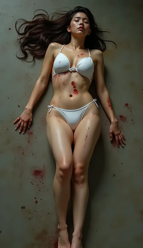 Full body photo,  a 30 year old Korean woman, lose consciousness,  Dark brown long hair ,  with blood on his head, Eyes closed ,  big breasts ,  with your hands straight out on either side of the body,  dressed in white bikini , Body filled with blood , Ly...