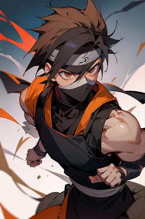 male, young teen black skin color, ninja clothing with mask, clould village chunin vest, ninja headband, brown eyes, serious exp...