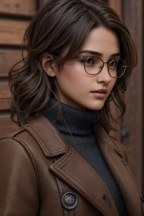  1 beautiful tomboy girl, like a teenager,

realistic dishevelled short touched dark brown hair, 

realistic beautiful brown eyes, glasses,

Multiple Poses and Expression, 

Dark grey wool turtleneck sweater, old worn long leather brown pea coat, brown can...