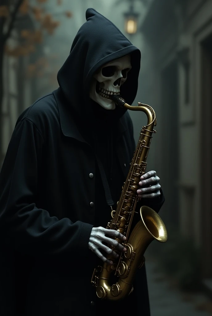 Death with an all-black hoodie and faceless skull hands ,  plays the saxophone with emotion inside a haunted mansion