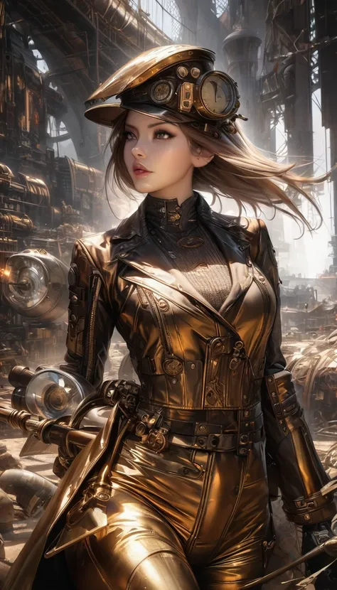 conceptual installation strange and bizarre artwork, 1 woman in uniform, shiny copper plated, shiny silver plated, and shiny gold plated smooth high-rise buildings, brilliant mirror finish, metal plated, the worldview of dieselpunk, steampunk, and clockpun...