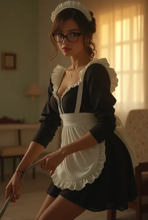 award-winning photorealistic portrait, cinematic look, soft focus, warm colors, (photorealism:1.2),  vogue style, fine art portrait, high-quality, illustration of a sexy maid cleaning a room, designed with stunning features that give her a princess-like ap...